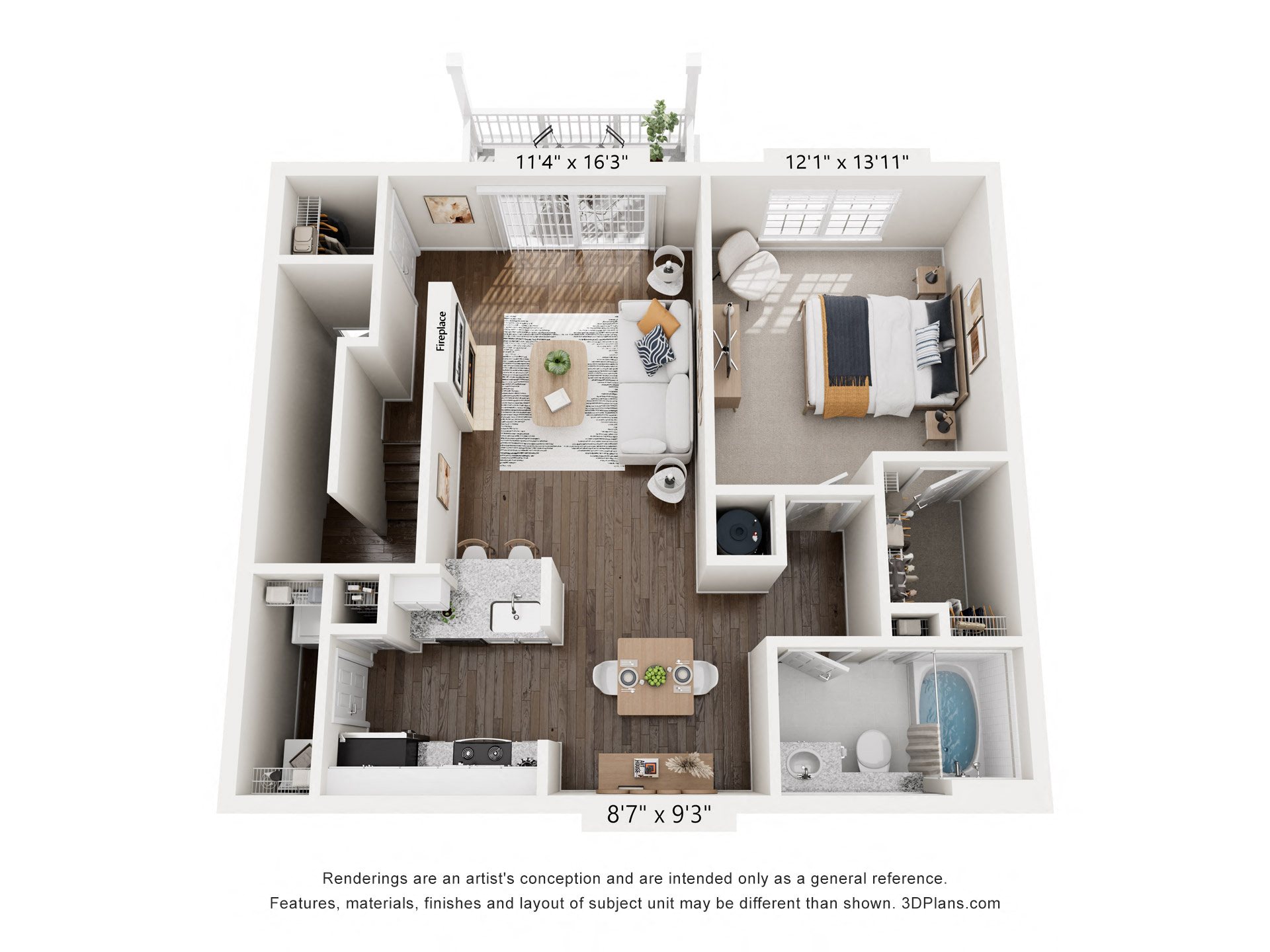 Floor plan for 1 bed, 1 bath, 894 sqft